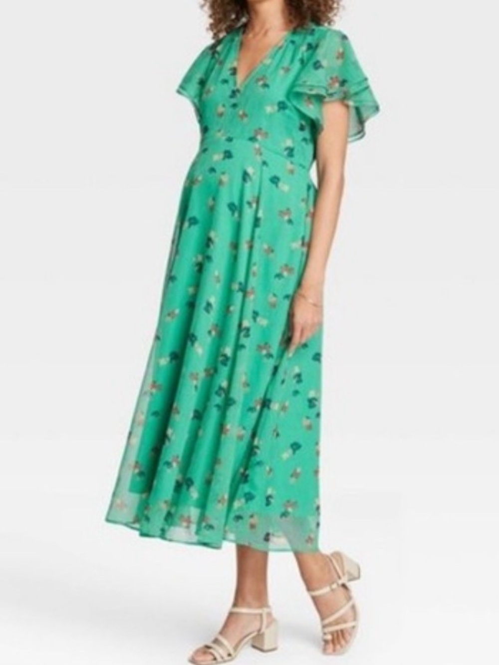 The Nines by Hatch Maternity Green Floral V Neck Maxi Gauzy Dress Size XL
